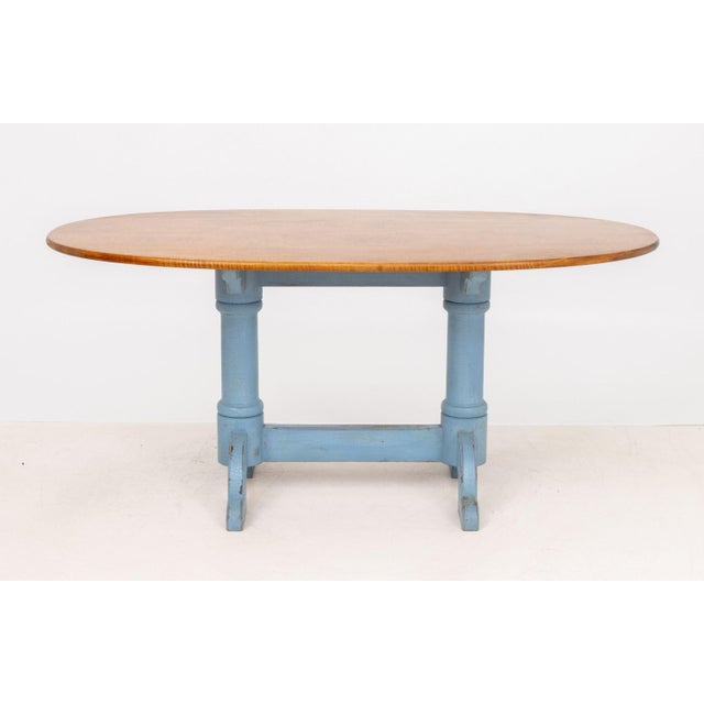 Tiger Maple Top Blue Painted Dining Table, "Toad Hall" label to underside of top. 30.25" H x 66" W x 35.75" D. Provenance:...