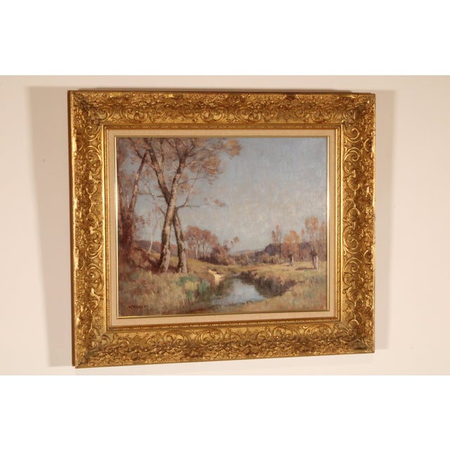 Impressionist European landscape painting by Emile Wegelin (1875-1962). Oil on board. With a gold leaf frame. Frame...