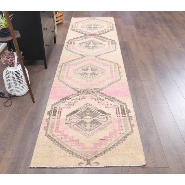 Vintage Turkish Hand-Knotted vintage rug is a semi-antique vintage runner rug.'70s Eastern region of Turkey's unique rug...