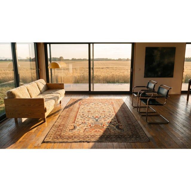 Late 19th Century 1880s Ivory Medallion Antique n.e. Persian Moud Meditation Rug 3'8" X 5'10" Handknotted Wool Carpet For Sale - Image 5 of 7