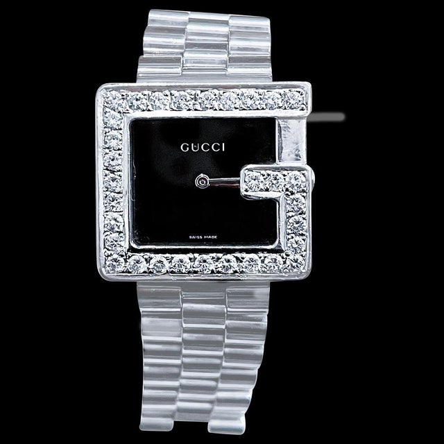 Gucci 100M Steel Rectangular Custom Diamond G-Bezel Black Dial Unisex Watch For Sale - Image 16 of 18