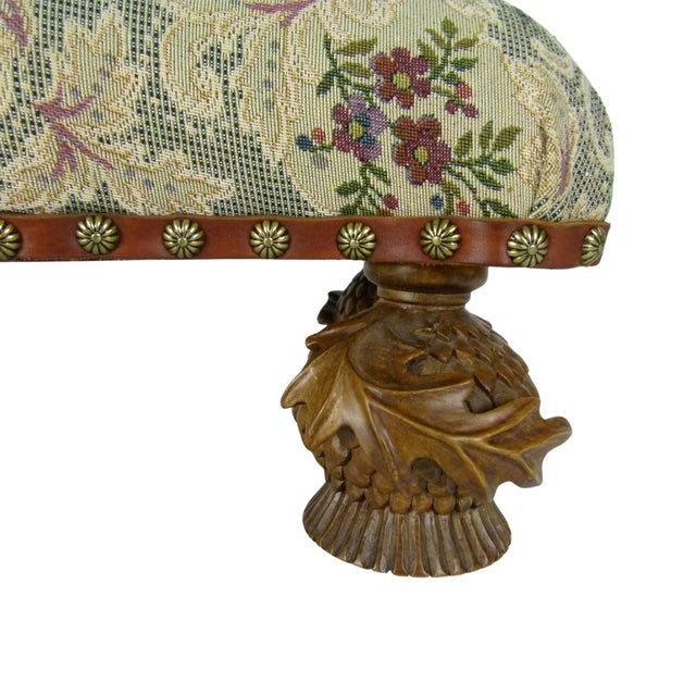 1990s Vintage 1993 MacKenzie-Childs Aurora Carved Leaf Footstool Tapestry Ottoman Accent For Sale - Image 5 of 17