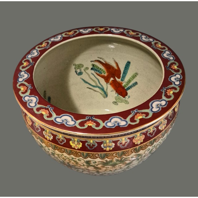 Chinoiserie Vintage Hand Painted Koi-Fish Asian Chinoiserie Fishbowl Jardinière Planter For Sale - Image 3 of 11