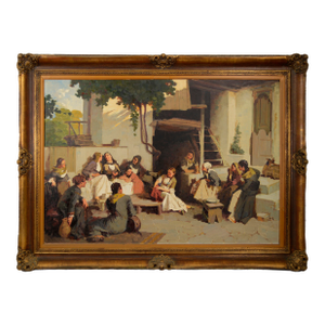 1970s Large-Scale Baltic Figurative Courtyard Genre Scene