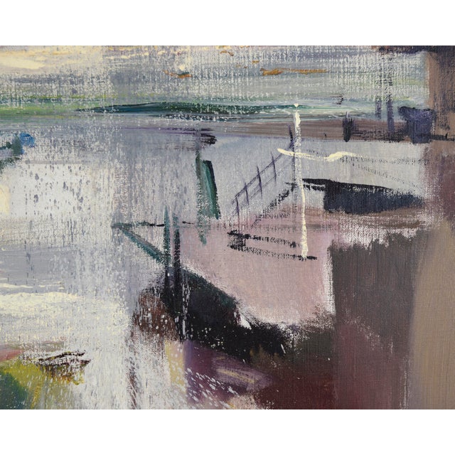 1960s "Rain-Drenched Marina" Mid Century Modern Oakland Seascape in Oil on Linen by Carol Sideman For Sale - Image 5 of 9