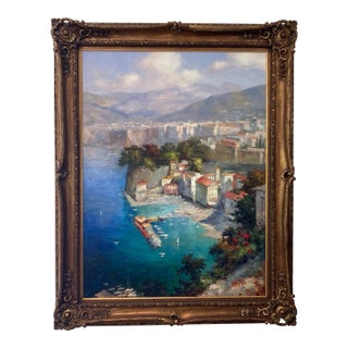 Vintage Signed Framed Oil Painting Italian Seaside Resort Scene on Canvas Signed Gagini For Sale