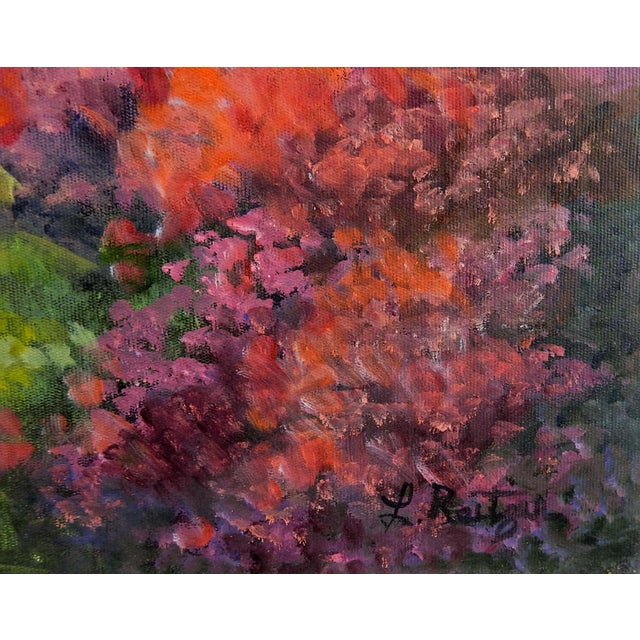 Mid 20th century oil on canvas painting of rustic bridge over stream with pink and yellow flowers. Signed illegibly lower...