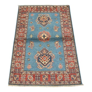 Kazak Rug 3’2” X 4’8” Blue Wool Tribal Hand-Knotted Oriental Carpet For Sale