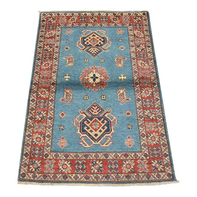 Kazak Rug 3’2” X 4’8” Blue Wool Tribal Hand-Knotted Oriental Carpet For Sale