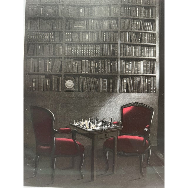 Contemporary Lynn Shaler Le Match 2009 Signed Numbered 11/100 Color Etching Chess Library Framed For Sale - Image 3 of 11
