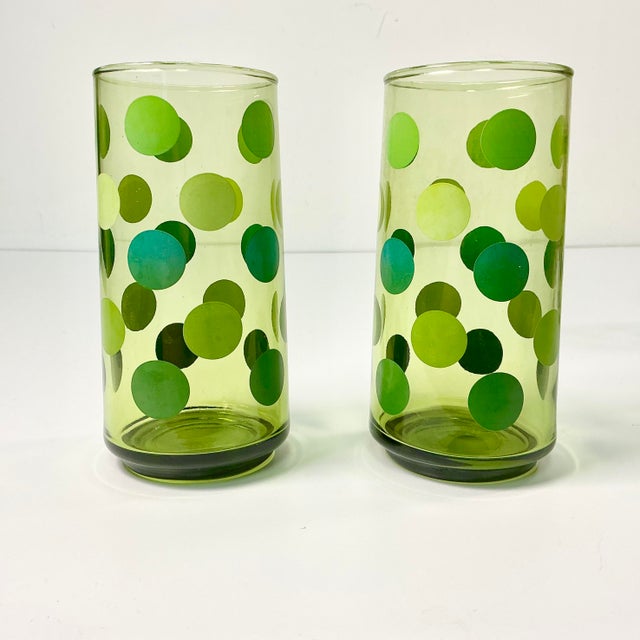 Mid-Century Boho Chic Modern Olive Polka Dot Tumbler Glassware - Set of 6 For Sale - Image 9 of 14