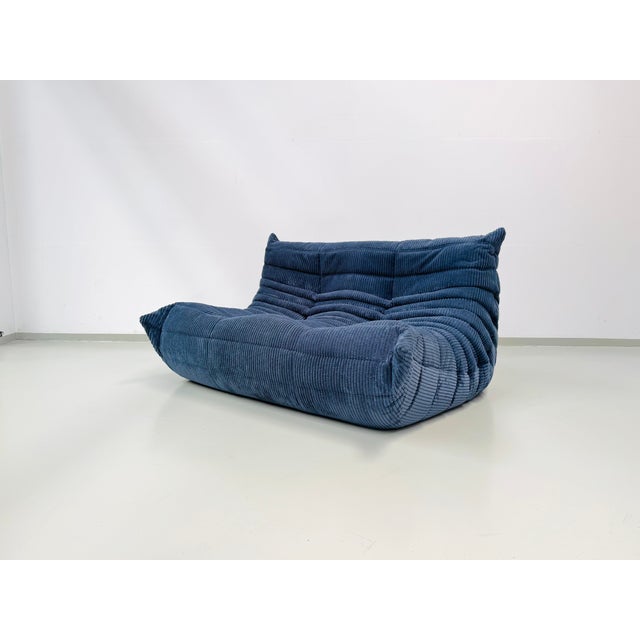 Ligne Roset French Togo 2-Seater Sofa in Blue Corduroy attributed Michel Ducaroy for Ligne Roset, 1970s For Sale - Image 4 of 12