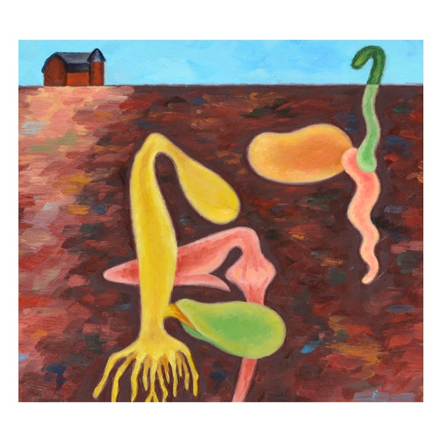 Mid-Century Modern Spring Has Sprung on the Farm - Abstracted Landscape in Oil on Masonite by Eleanor Perry For Sale - Image 3 of 4