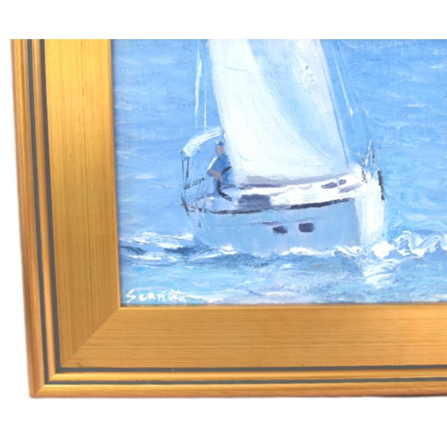 Contemporary impressionist oil painting of a nautical sailboat on the open water on an artist's canvas panel. Signed by...