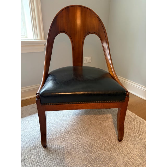 Wood Pair of Mid-Century Michael Taylor for Baker Mahogany Spoonback Slipper Chairs – Original Black Leather & Brass Tacks For Sale - Image 7 of 14