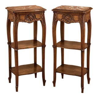 Pair Antique French Louis XV Walnut Marble Top Nightstands For Sale