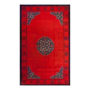 Strikingly Lovely Red Ground Color in a Greek Key Style Antique Chinese Mongolian Rug