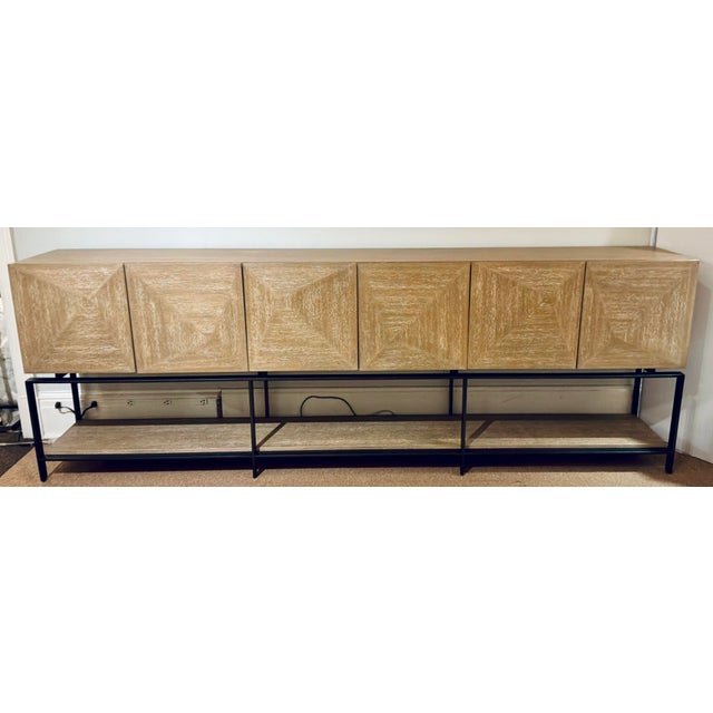 Original retail $6789, stylish Revelation Organic Modern Cerused Oak Finished Trapezoid Cabinet, black metal frame, six...