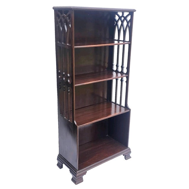 American Small Narrow Mahogany Chippendale Bookcase W/ Pierced‑Side Shelves 1940s For Sale - Image 3 of 18