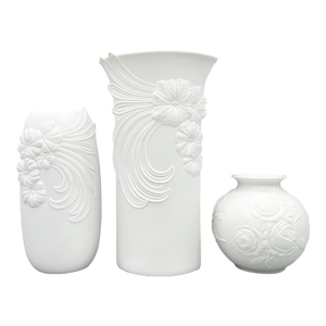 Set of 3 Vintage M. Frey Kaiser West Germany White Bisque Porcelain Floral Vessels – Mid to Late 20th Century – Romantic / European Traditional