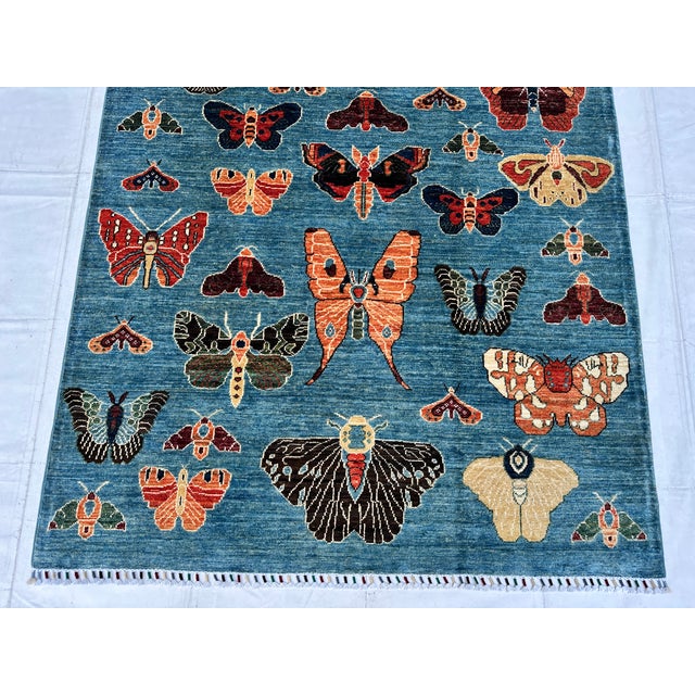 Denim Blue Butterfly Moth Pictorial Hand-Knotted Wool Rug - 4'11" X 6'6" For Sale - Image 6 of 10