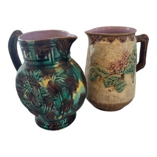 1900s Two Majolica Ceramic Pitchers For Sale