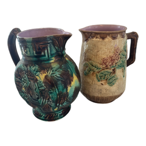 1900s Two Majolica Ceramic Pitchers