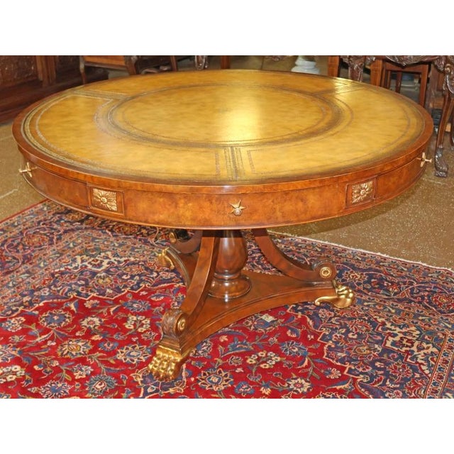 Maitland Smith Tooled Leather Burled Walnut Library Center Table For Sale - Image 11 of 14