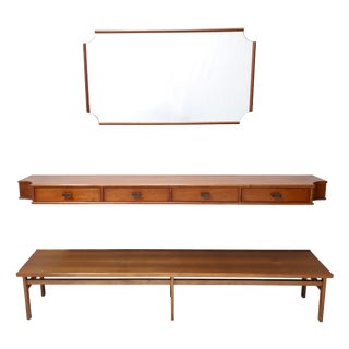 Vintage Entryway Set of Wall Mirror, Walnut Console and Bench, Italy, 1959, Set of 3 For Sale