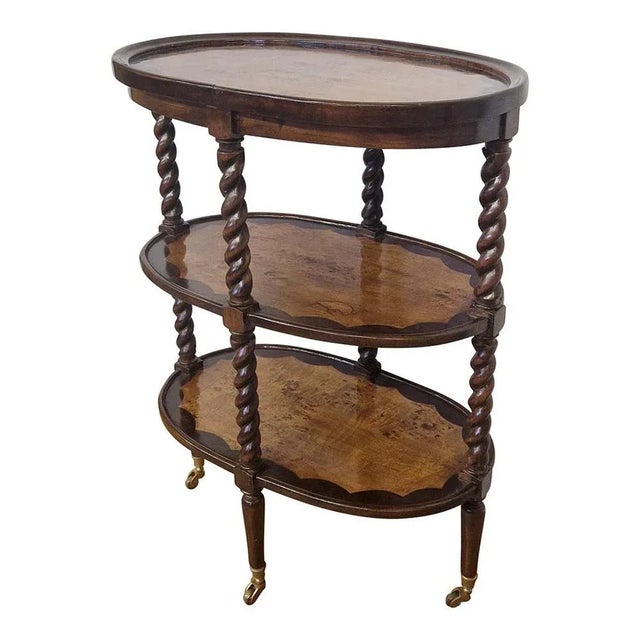 Brown Walnut Tiered Lamp Table with Wheels, 1980s For Sale - Image 8 of 8