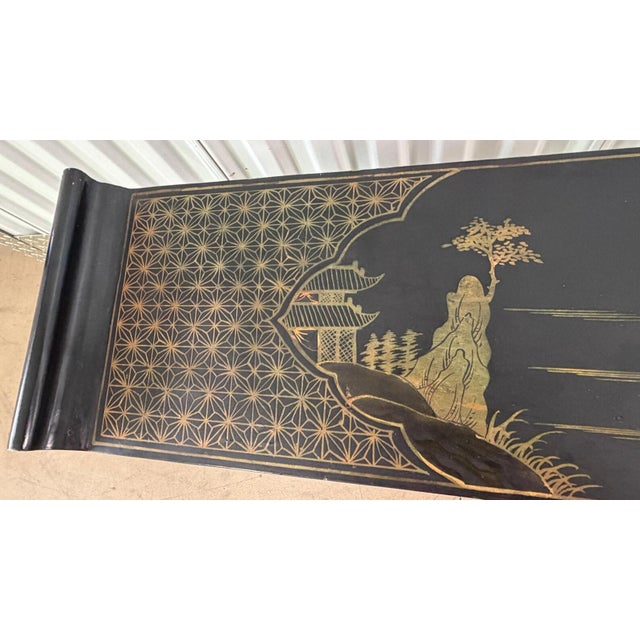 Vintage Hand Painted Gold and Black Chinoiserie Pagoda Console Removable Glass For Sale - Image 4 of 5