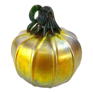 Lunberg Studio Aurene Art Glass Hand-Blown Pumpkin W/ Coiled Stem For Sale