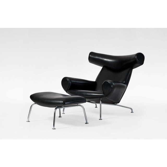 Set of EJ100 Ox Lounge Chair and Ottoman in Black Leather by Hans J. Wegner for Erik Jørgensen, 1980s For Sale - Image 12 of 12