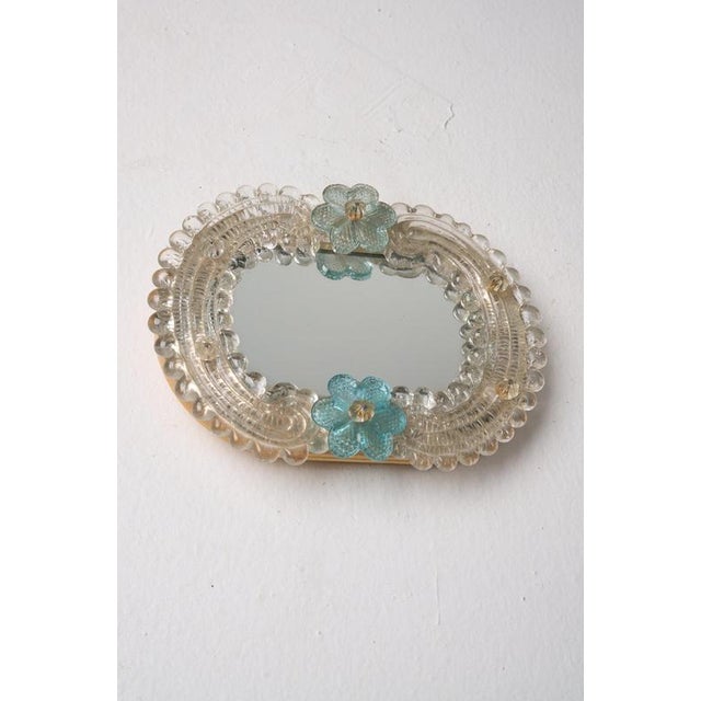 1950s Small Vintage Venetian Murano Glass Wall Mirror with Turquoise Flowers, 1950s For Sale - Image 5 of 6