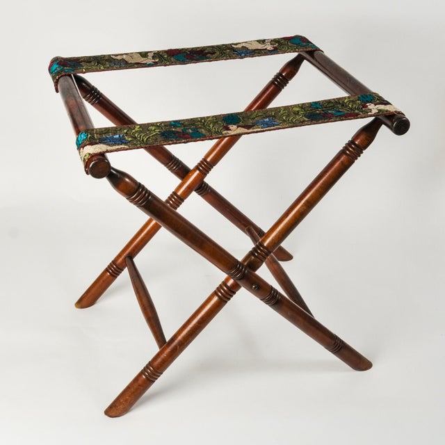 Stunning hardwood antique folding suitcase stand with unique colorful embroidered ribbon featuring blue swans and cherub...