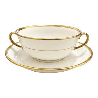 Late 20th Century Johnson Brothers England Pareek Vintage Porcelain Soup Cup & Saucer Gold Trim For Sale