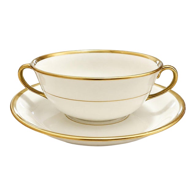 Late 20th Century Johnson Brothers England Pareek Vintage Porcelain Soup Cup & Saucer Gold Trim For Sale