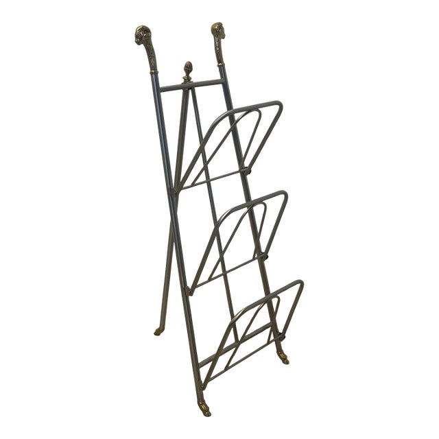 Maison Jansen Style Steel and Brass Rams Head and Feet Magazine Rack, Italy For Sale