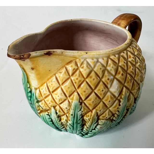Yellow Antique 19th C Majolica Pineapple Pattern Creamer & Sugar C1880s. For Sale - Image 8 of 12