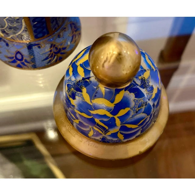 Blue Pair of 2 Blue & Yellow Cloisonné Vases, 12 Inches Each For Sale - Image 8 of 12