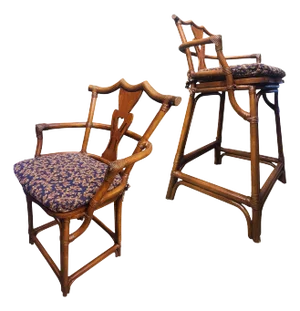 Mid 20th Century Henry Link Rattan Bentwood Dining/Counter Armchairs With Cushions Pair