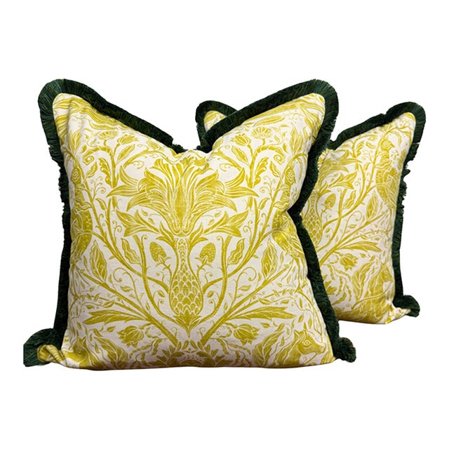 Clark & Clark Citrus and Green Brush Fringe Custom Made Pillow Pair For Sale