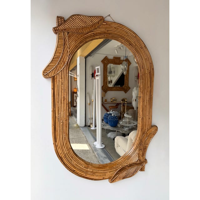Brown Rattan Palm Tree Mirror by Vivai Del Sud. Italy, 1970s For Sale - Image 8 of 11