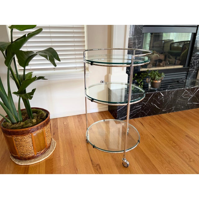 Metal Round Chrome Bar Serving Cart With Glass Shelves For Sale - Image 7 of 12