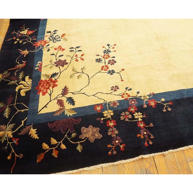 Textile 1920s Beige Open Field Medallion Antique Chinese Peking Knotted Wool Rug For Sale - Image 7 of 9