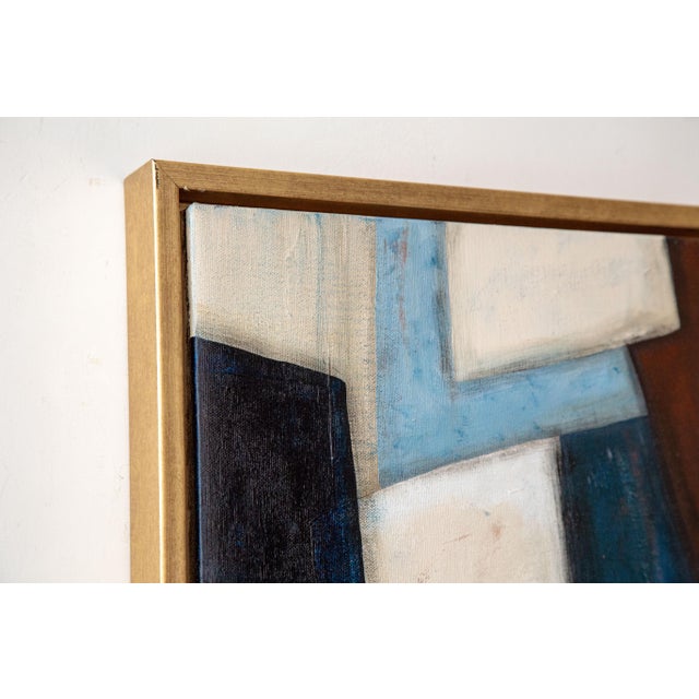 Blue Tall Vertical Original Abstract Painting on Canvas in Gold Frame For Sale - Image 8 of 13