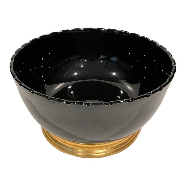 2000s Scallop Edge Chinoiserie Black Bowl For Sale