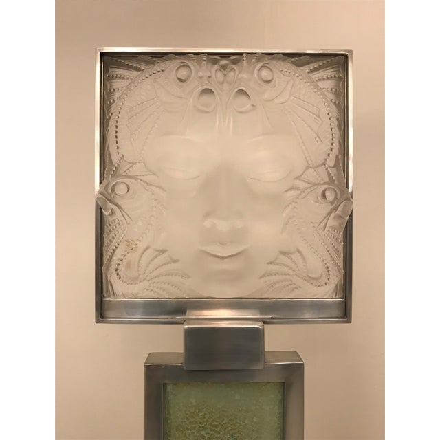 Green Signed Lalique French Art Glass "Masque De Femme" Plaque Standing Lamp For Sale - Image 8 of 13