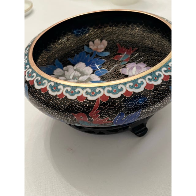 Chinese Cloisonné Black Enamel Bowl, Flowers and Birds, 8” With Stand For Sale - Image 10 of 12