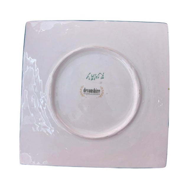 2000 - 2009 Large Handmade South African Ceramic Platter – Teal and Ochre Slip-Dot Floral Square Plate For Sale - Image 5 of 11